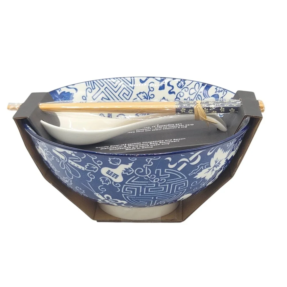 SH Home 42oz Blue Ceramic Ramen Noodle Soup Bowl Chopsticks Spoon Chinese Motifs